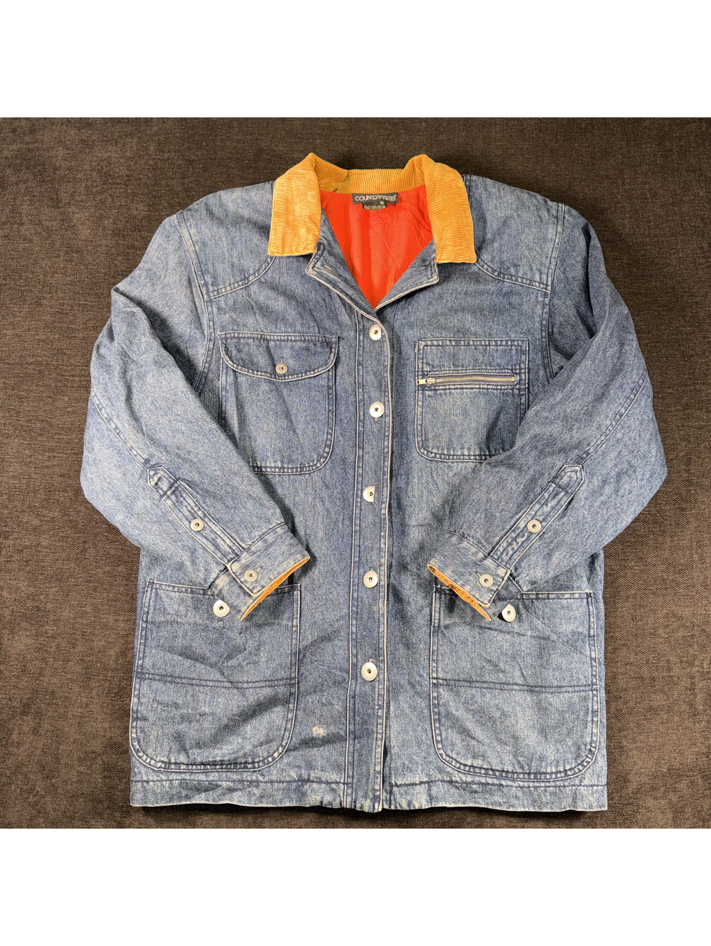 Counterparts Denim Jacket with Corduroy Collar and Orange Lining, Size 6